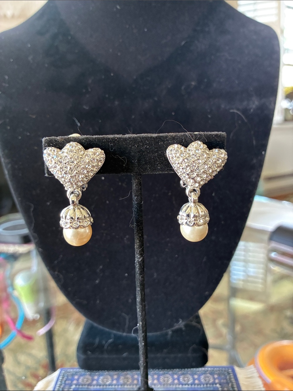 Crystal Heart Drop Pearl Earrings - Silver and Cream